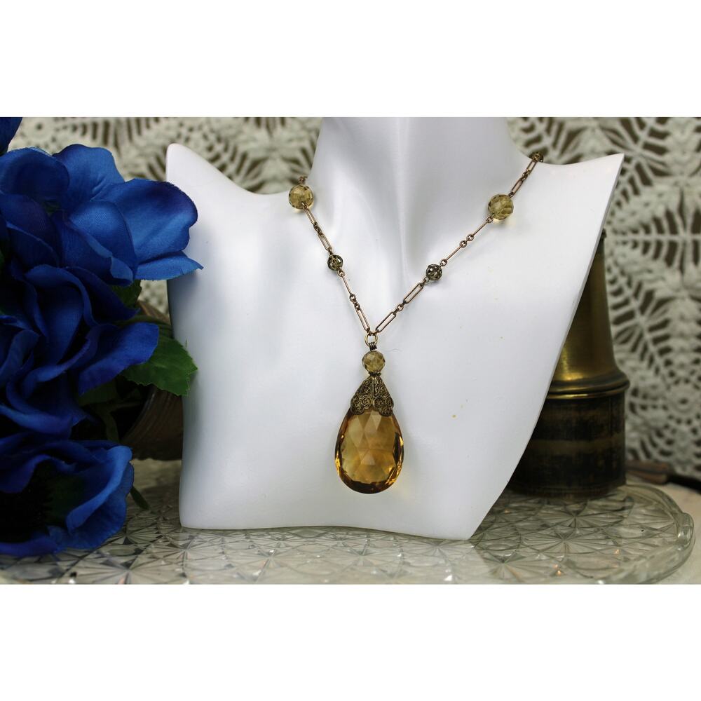 Rolled Gold Fatimid Filigree Hex Cut Citrine Beaded Pendant Necklace